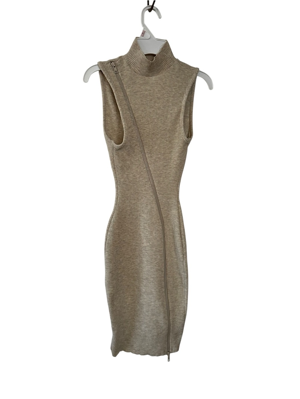 Sleeveless Ribbed Midi Dress with Asymmetric Zip in Taupe